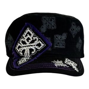 Black Rhinestone Cross Distressed Y2K Adjustable Cap Purple Stitch